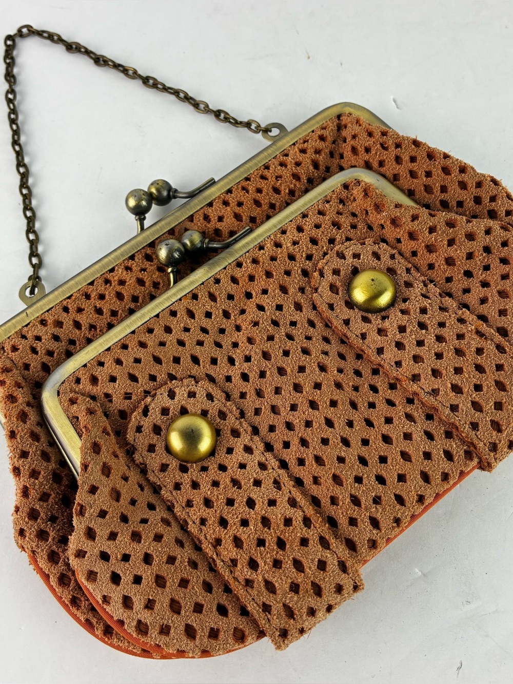 Mundi Suede Leather Double Kiss Lock Clutch